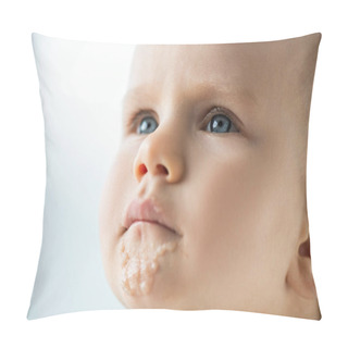 Personality  Portrait Of Cute Infant With Soiled Mouth With Baby Food Isolated On Grey Pillow Covers