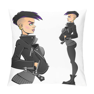 Personality  Sexy Punk Girl. Young Woman In A Black Leather Jacket And Army Boots. Profile View, Full Length. Comic Book Character. Pillow Covers