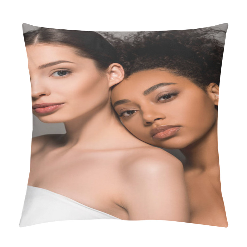 Personality  portrait of tender multicultural women with clean skin, isolated on grey pillow covers