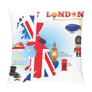 Personality  London. Map And Traditional Symbols Of United Kingdom. Set Of Vector Illustrations For Design Of Tourist Booklets, Posters, Banners, Flyers And Other Items. Pillow Covers