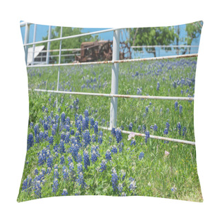 Personality  Beautiful Bluebonnet Fields Along Rustic White Fence In Countryside Of Texas, America Pillow Covers