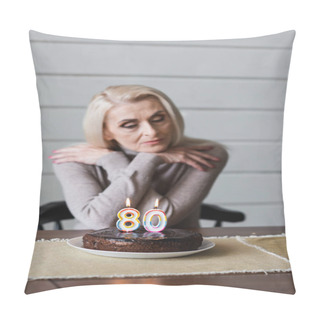 Personality  Birthday Cake With Candles In Shape Of Eighty Numbers On Table Near Blurred Senior Woman  Pillow Covers
