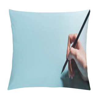 Personality  Panoramic Crop Of Man Holding Pencil On Blue Background Pillow Covers