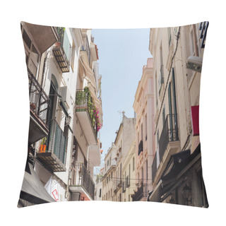 Personality  Urban Street With Sunlight On Facade And Plants On Balcony In Catalonia, Spain  Pillow Covers