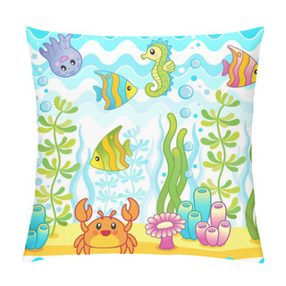Personality  Vector Seamless Pattern With Underwater Design And Funny Sea Creatures. Aquarium Party Surface Design With Bright Fishes, Red Crab, Octopus And Seahorse. Pillow Covers