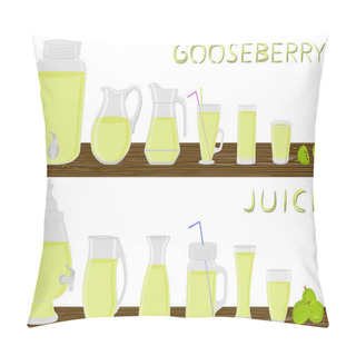 Personality  Big Kit Different Types Glassware, Gooseberry In Jugs Various Size. Glassware Consisting Of Organic Plastic Jugs For Fluid Gooseberry. Jugs Of Bright Gooseberry It Glassware Standing On Wooden Table. Pillow Covers