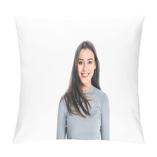 Personality  Portrait Of Beautiful Smiling Woman Looking At Camera Isolated On White Pillow Covers