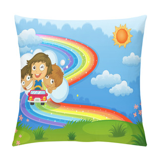 Personality  Kids Riding On A Vehicle Passing Through The Rainbow Pillow Covers