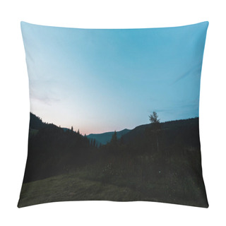 Personality  Sunset In Dark Forest Against Blue Sky  Pillow Covers