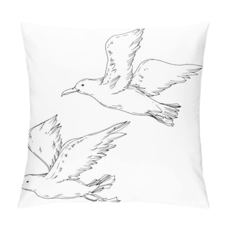 Personality  Vector Sky Bird Seagull Isolated. Black And White Engraved Ink Art. Isolated Seagull Illustration Element. Pillow Covers