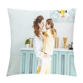Personality  Happy Mother Holding Smiling Daughter In Kitchen Pillow Covers