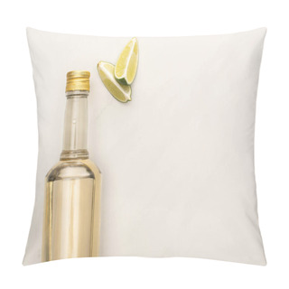 Personality  Top View Of Golden Tequila In Bottle With Lime On White Marble Surface Pillow Covers
