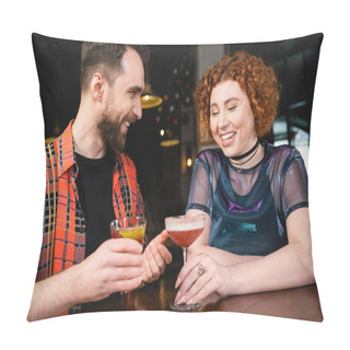 Personality  Cheerful Friends Holding Cocktails And Talking While Spending Time In Bar  Pillow Covers