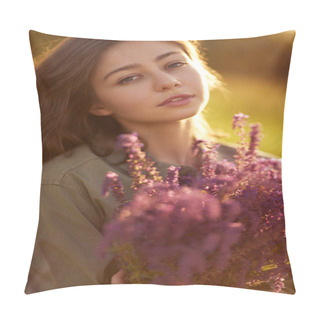 Personality  Portrait Of A Beautiful Girl With A Bouquet Of Lavender. Sunset Light And Beautiful Sensuality. The Girl Is Enjoying The Moment. The Concept Of Beauty. Summer Sunset Light, Wonderful Atmosphere Pillow Covers