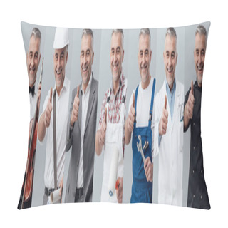 Personality  Smiling Man Posing With Different Uniforms Pillow Covers