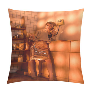 Personality  Beautiful Elegant Woman With Cocktail Talking On Retro Telephone In Kitchen With Orange Light Pillow Covers