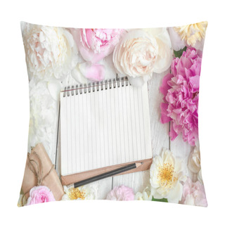 Personality  Blank Lined Notebook In Flower Frame Made Of Pink And White Peony, Roses And Jasmine Flowers And Gift Box Pillow Covers