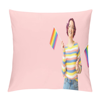 Personality  Young Woman With LGBT Flags On Pink Background With Space For Text Pillow Covers