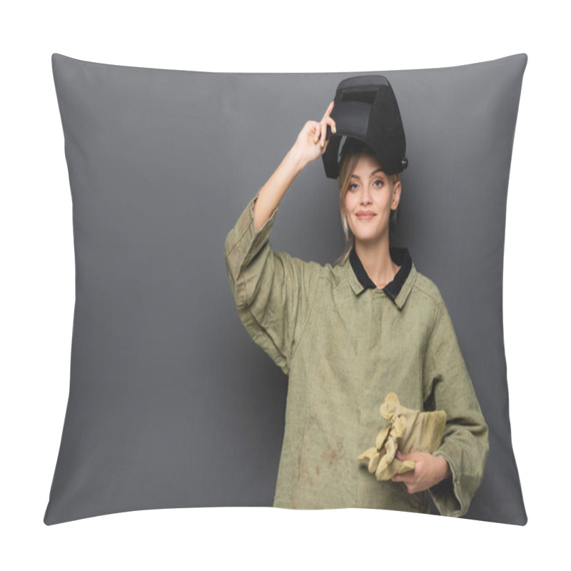 Personality  Positive Welder Holding Gloves And Safety Mask On Grey Background Pillow Covers