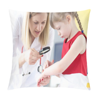 Personality  Doctor Examining Pigmented Nevus On Little Girls Hand With Magnifying Glass Pillow Covers
