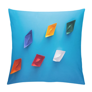 Personality  Flat Lay With Colorful Paper Boats On Blue Surface Pillow Covers