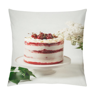 Personality  Red Berry Cake Decorated With Cherry Berries And White Cream, Among Lilac Flowers And Green Leaves. Food Photography. Advertising And Commercial Design Pillow Covers
