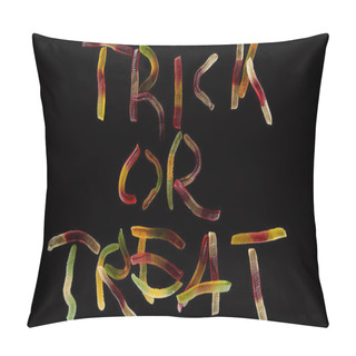 Personality  Top View Of Colorful Trick Or Treat Lettering Made Of Gummy Worms Isolated On Black, Halloween Treat Pillow Covers