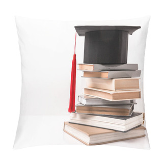 Personality  Square Academic Hat On Stack Of Different Books Isolated On White  Pillow Covers