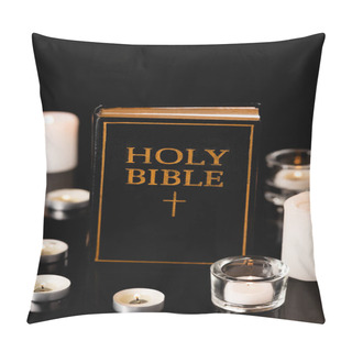 Personality  Candles And Holy Bible On Black Background, Funeral Concept Pillow Covers
