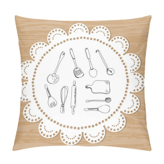 Personality  Cutlery. Set Of Vector Sketches On A Lace Doily Background Pillow Covers