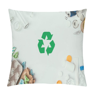 Personality  Flat Lay With Arranged Different Types Of Garbage And Recycle Sign Isolated On Grey Pillow Covers