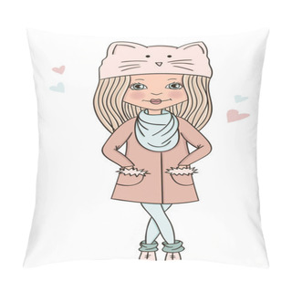 Personality  Fashionable Girl Vector Cute Character Casual Winter Outfit. Hand Drawn Doodle Style. Fashion And Style, Clothing And Accessories. Vector Illustration For A Postcard Or Poster. Pillow Covers