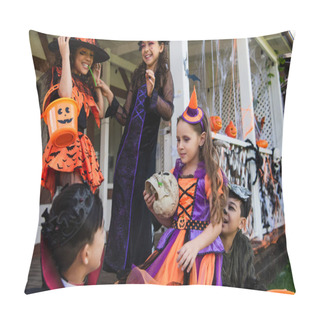Personality  Girl In Clown Costume Holding Skull Near Cheerful Multicultural Friends And Decorated Cottage Pillow Covers