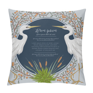 Personality  Heron Bird And And Swamp Plants. Marsh Flora And Fauna. Design For Banner, Poster, Card, Invitation And Scrapbook. Botanical Vector Illustration In Watercolor Style Pillow Covers