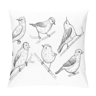 Personality  Little Birds Set In Sketch Style, Vector Hand Drawn Illustration.  Pillow Covers