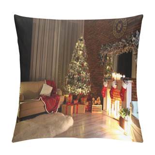 Personality  Stylish Room Interior With Beautiful Christmas Tree In Evening Pillow Covers