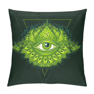 Personality  Abstract Symbol Of All-seeing Eye In Boho Eastern  Ethnic Style Green On Black For Decoration T-shirt Or For Computer Game. Concept Magic Occultism Esoteric Pillow Covers