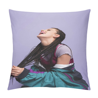 Personality  Excited Woman In Nineties Style Outfit Holding Braided Dreadlocks And Laughing Isolated On Purple Pillow Covers