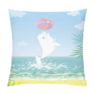Personality  White Playful Dolphin Jumping Out Of Water And Playing A Big Colorful Ball On A Tropical Beach On A Sunny Summer Day, Vector Cartoon Illustration Pillow Covers