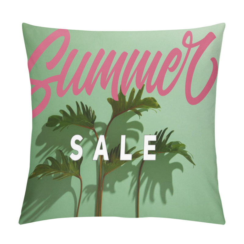 Personality  fresh tropical green leaves on green background with summer sale illustration pillow covers