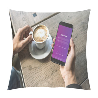 Personality  Cropped Shot Of Man With Cup Of Coffee Using Smartphone With Instagram App On Screen Pillow Covers