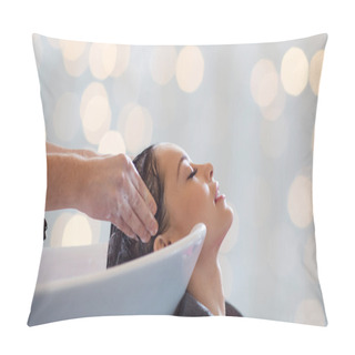 Personality  Happy Young Woman Having Salon Hair Wash Pillow Covers