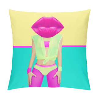 Personality  Contemporary Art Collage. Bright Pink Lips. Makeup Lipstick Conc Pillow Covers