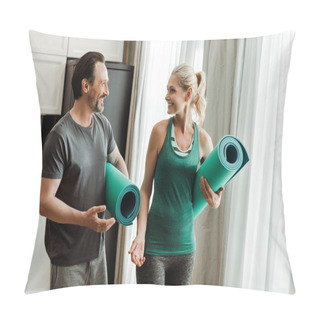 Personality  Smiling Mature Man Pointing With Hand On Fitness Mat Near Beautiful Wife At Home  Pillow Covers