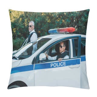 Personality  Middle Aged Policemen In Sunglasses Walking Out From Car At Urban Street  Pillow Covers