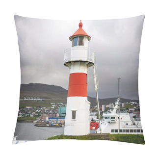 Personality  Torshavn City Navigational Lighthouse, Harbor Located On Horizon. Faroe Islands, Denmark. Pillow Covers