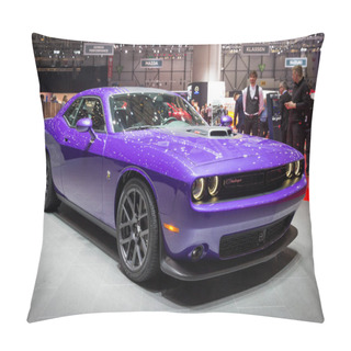 Personality  GENEVA, SWITZERLAND - MARCH 1, 2016: Dodge Challenger 392 HEMI Muscle Car Showcased At The 86th Geneva International Motor Show. Pillow Covers