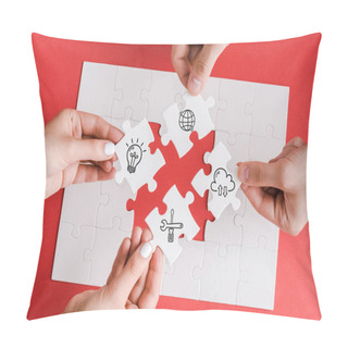 Personality  Top View Of Man And Woman Holding White Puzzle Pieces With Illustration On White  Pillow Covers