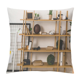 Personality  Brown Wooden Shelves With Stuff At Home Pillow Covers