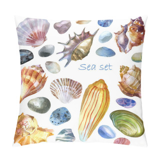 Personality  Watercolor Illustration Sea Shells, Sea Stones, Set. Summer Theme, Beach And Relaxation. Pillow Covers